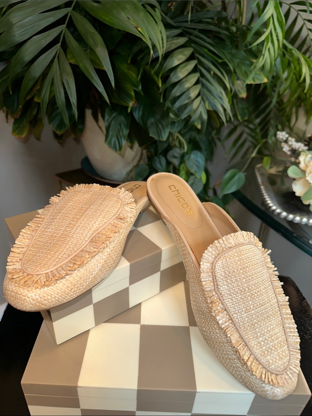 Chico's Raffia Fringe Slip-On Mules - Natural Beige size 8 NWT